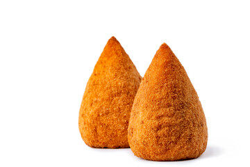 Isolated conical-shaped arancini. Italian rice balls that are stuffed, coated with breadcrumbs and...