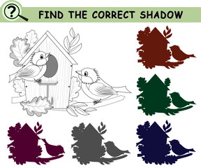 Find the correct shadow of birds, bird house, leaves and flowers. Coloring book page with logical game for children. Vector illustration.