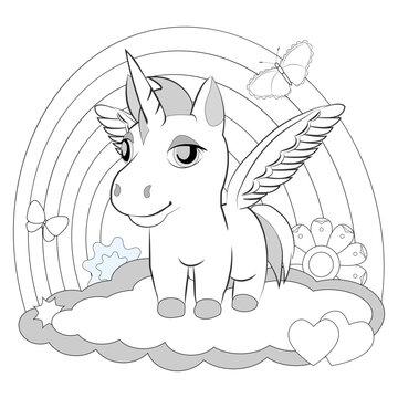 Coloring book page with cartoon unicorn pony. Vector illustration