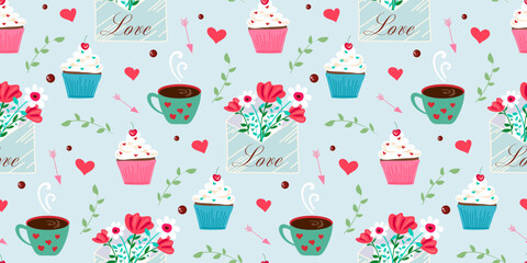 Valentine's day, love concept cute vector illustration seamless pattern with, hearts, love, flowers, envelope, arrows, cup of coffee, tea and cupcakes. 14 February holiday texture design background