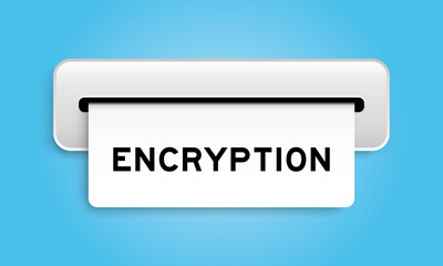 White coupon banner with word encryption from machine on blue color background