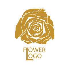 Rose flower logo design. Golden rose flower emblem or sign for business, floristry. Hand drawn vector illustration