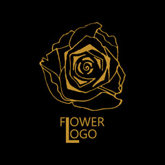 Rose flower logo design. Golden rose flower emblem or sign for business, floristry on black background. Hand drawn vector illustration