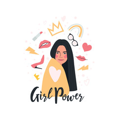 High heel shoes, lipstick, crown, glasses, young woman, lightning. 'Girl Power' concept in flat style. Feminism. Vector illustration for International women's day.  