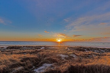 Sunset on winter beach of Balvand in Denmark
