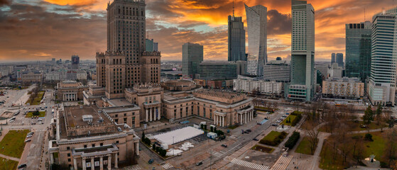 Aerial view of Palace of Culture and Science and downtown business skyscrapers in Warsaw, Poland.