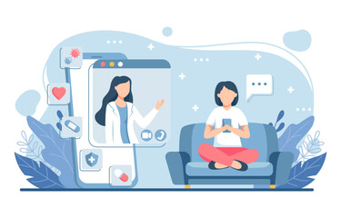 Telemedicine . Doctor is consulting with patient by online internet . Flat design . Vector .