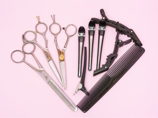 Composition of hairdressing scissors for cutting and thinning, hair clips and a comb in the form of...