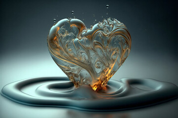 Heart made from ice or glass. Melting, many drops floating around. Generative AI image