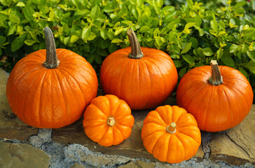 Many whole ripe pumpkins on stone curb outdoors