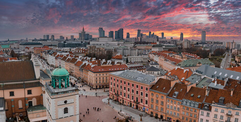 Aerial view of the Christmas tree near Castle Square with Column of Sigismund in polish capital - Warsaw. Christmas spirit in Warsaw city.
