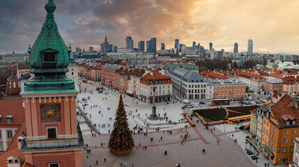 Aerial view of the Christmas tree near Castle Square with Column of Sigismund in polish capital -...