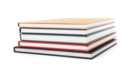 Stack of hardcover books on white background