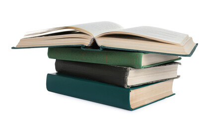 Stack of many old hardcover books isolated on white