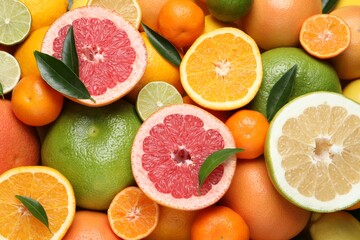 Different ripe citrus fruits with green leaves as background, top view