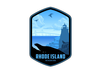 Rhode Island vector label with Harbor seal and seagulls near lighthouse