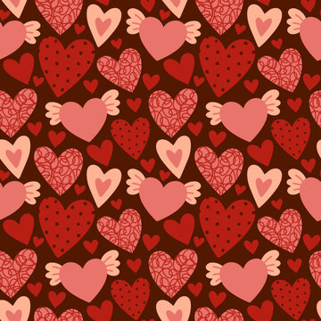 Seamless pattern with valentine hearts, vector red background, doodle hearts. Ready template for design, postcards, print, poster, party, Valentine's day, textile, wallpaper.