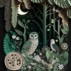 Owls in the forest papercut illustration, Generative AI