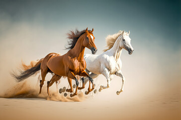 Obraz na płótnie Canvas two Arabian Horses stallion with long mane portrait run gallop at Sahara Desert generative ai