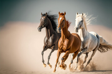 Three Gallop of Arabian Horses in Dust at Sahara Desert , generative ai    