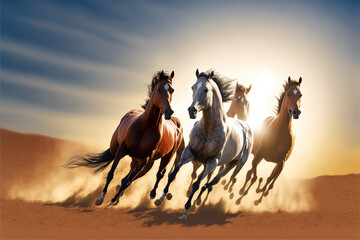 Gallop of Arabian Horses in Dust at Sahara Desert , generative ai 