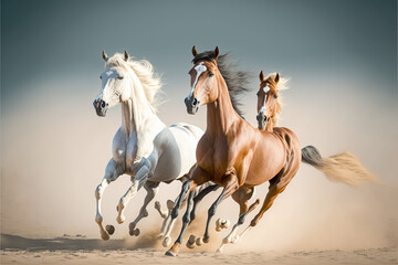 Naklejka na ściany i meble three Arabian Horses stallion with long mane portrait run gallop at Sahara Desert generative ai