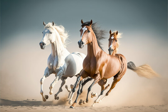 three Arabian Horses stallion with long mane portrait run gallop at Sahara Desert generative ai © Hassan