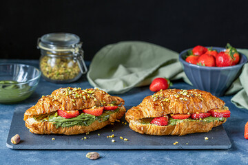 Sweet croissant sandwiches with pistachio cream, strawberries and caramel dip
