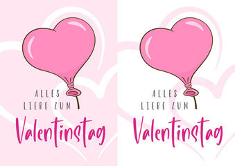 Happy Valentine's Day in German (Alles Liebe zum Valentinstag). Two card templates. Cartoon. Vector illustration	
