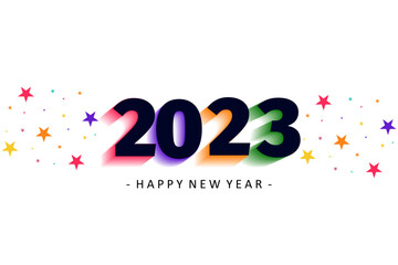 happy new year design with colorful text and white background and stars