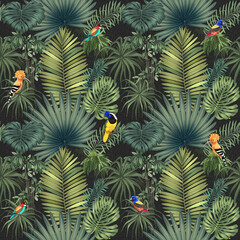 Fototapeta na wymiar Jungle with tropical green big leaves and bright birds. Seamless pattern with hand drawn digital illustrations with tropical flora theme