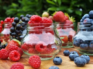Raspberries, currant, strawberry and blueberry in glasses for making jam
