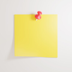 Yellow paper stick note with red push pin, 3D render illustration