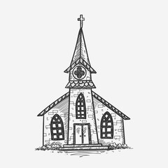 Beautiful hand drawn vector illustration of a cute small catholic church