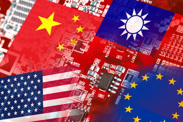 Flag of the Republic of China, Taiwan, EU and the United States on microchips of a printed...