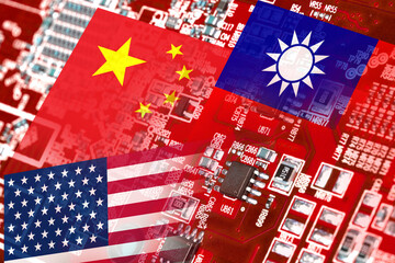 Flag of the Republic of China, Taiwan and the United States on microchips of a printed electronic...