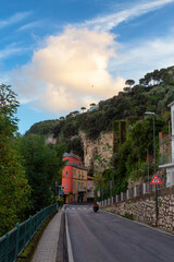 Streets in a touristic town, Sorrento, Italy. Cloudy Sunny Sunset Sky