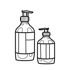 Dispensers for soap, detergent, cosmetics. Black and white vector image. Coloring.