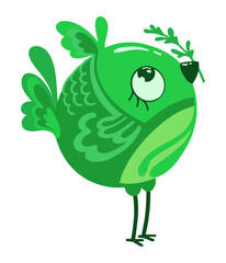bird doodle colored green with a twig in its beak character icon sketch isolated on white background sparrow with patterns stylized illustration vector hand drawn