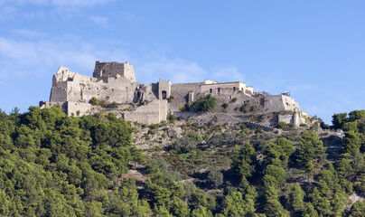 Fototapeta premium Arechi Castle on top of a hill in Salerno, Italy. Sunny Cloudy Morning Sky