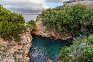 Rocky Coast in a park at Touristic Town, Sorrento, Italy. Amalfi Coast. Nature Background