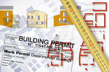 Buildings Permit concept with residential building project against an imaginary floor plans and...