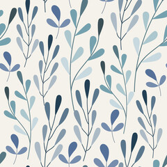 Seamless pattern, curling leaves, blue shades
