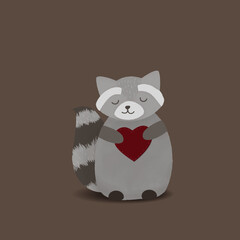 Cute sleepy raccoon with a heart