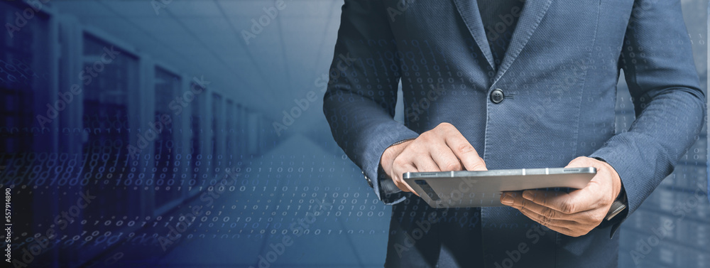 Poster Big Data and Data Science. Big data analytics technology with scientist analyzing information structure on tablet with machine learning to extract strategical prediction for business, finance