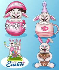 Happy  easter cartoon bunny rabbit fun with carrot,coffee mug,vector illustration set