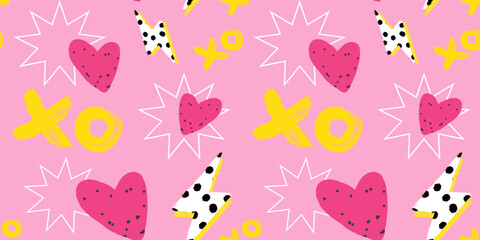 Trendy Valentine's Day seamless pattern with hand drawn hearts, XO symbols and lightning. Romantic Love background template for branding, wallpapers, packaging, website banner, greetings