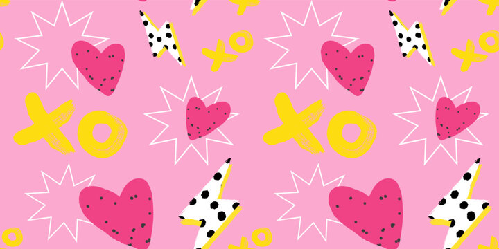 Trendy Valentine's Day seamless pattern with hand drawn hearts, XO symbols and lightning. Romantic Love background template for branding, wallpapers, packaging, website banner, greetings