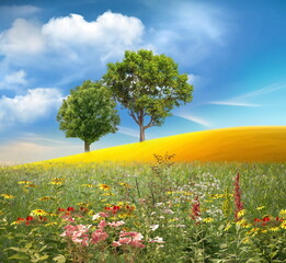Fototapeta na wymiar Meadow of wheat trees and wild flowers on field sunslight blue sky with white clouds summer banner 