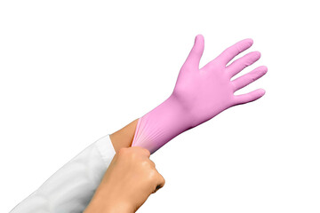 The doctor puts a protective medical glove on his hand, isolated on a white background